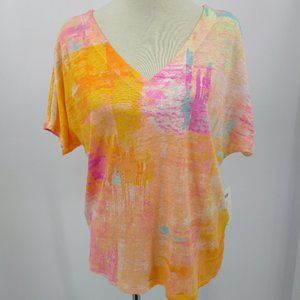 Chicos Medium Linen Blouse V Neck Orange Pink Short Dolman Sleeve